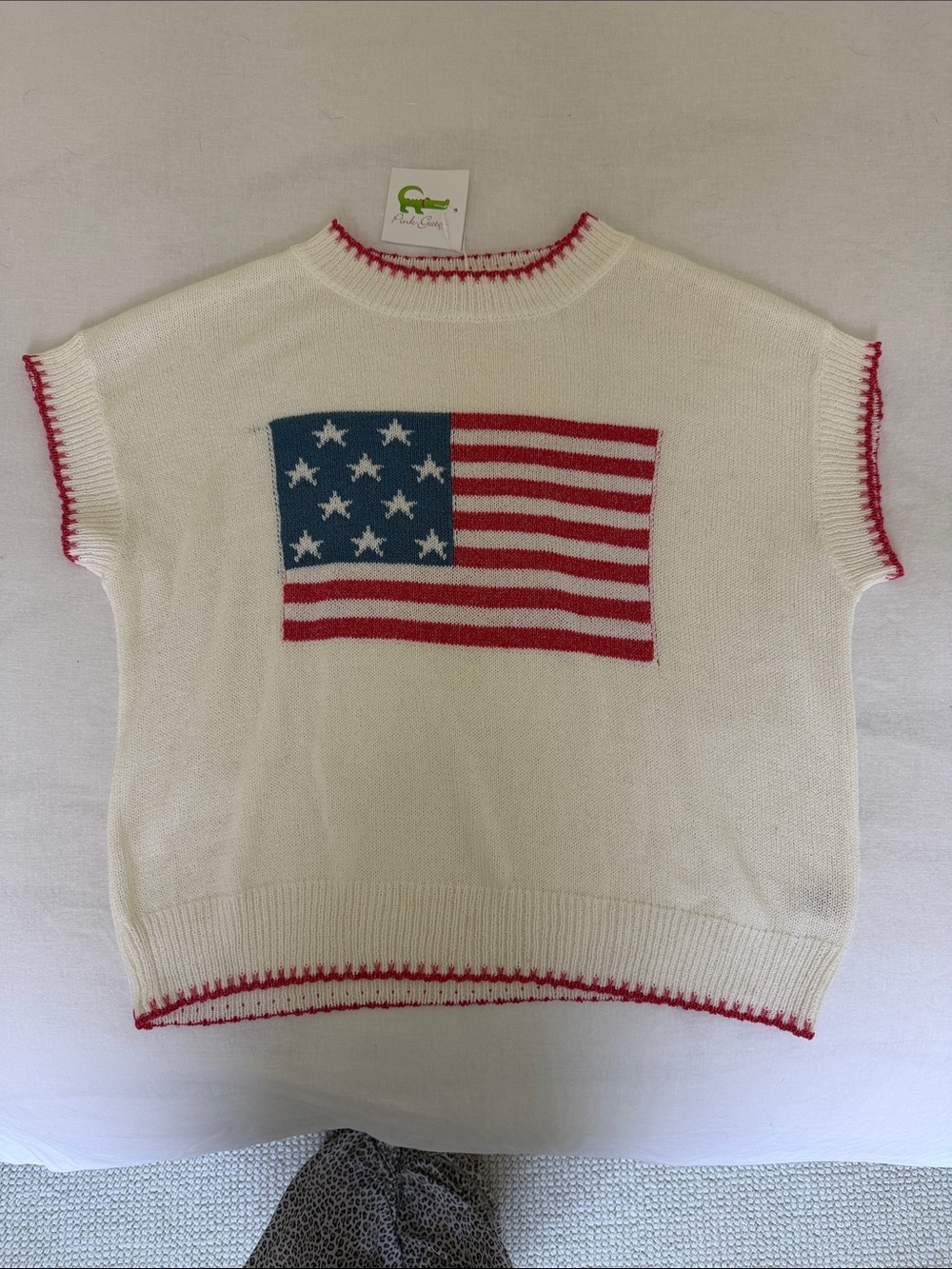 Hem & Thread Cream Knit Top with Flag